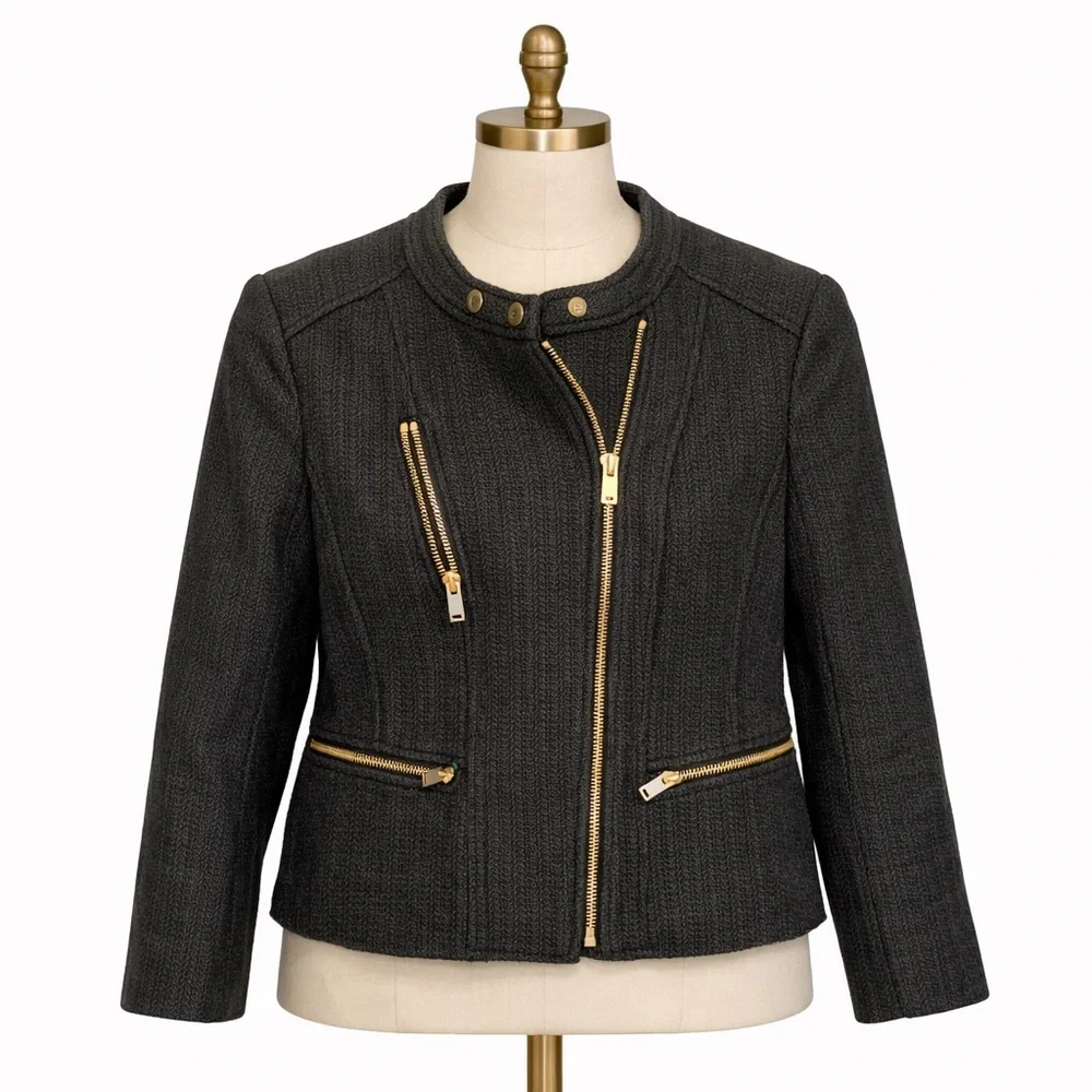 Ann Taylor Black Off Center Front gold Zipper Closure Blazer Suit Jacket  SZ 8‌‌